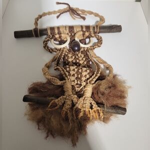 Vintage 70s Jute Macrame Owl Wall Hanging Boho Wooden Beads wood decor 🦉